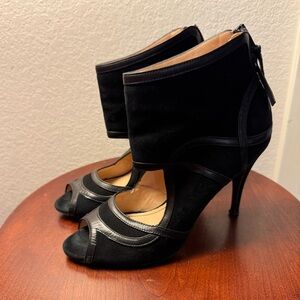 Jerome C Rousseau Black Suede Leather Peep Toe Stiletto Ankle Booties